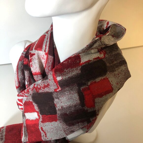 Anne Klein Abstract Red Gray Polyester Scarf Wrap Career Contemporary Modern - Picture 2 of 6